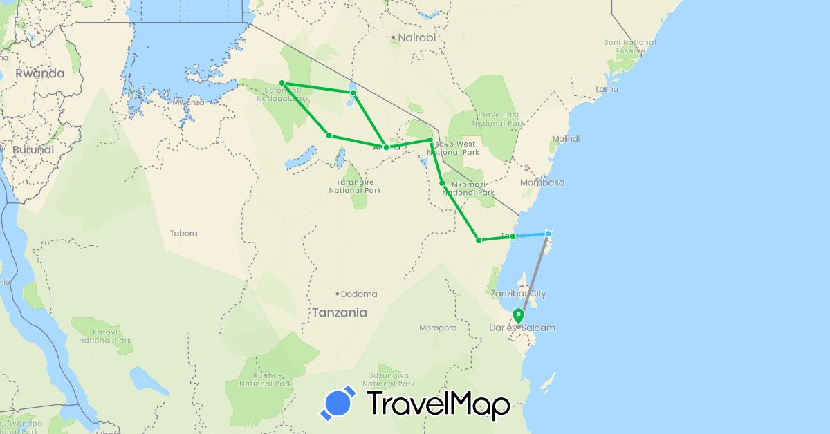 TravelMap itinerary: driving, bus, plane, boat in Tanzania (Africa)